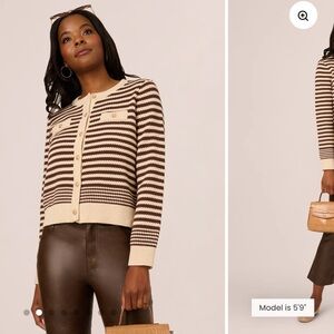 Adrianna Papell Crew Neck Button Front Striped Pointelle Cardigan Sweater